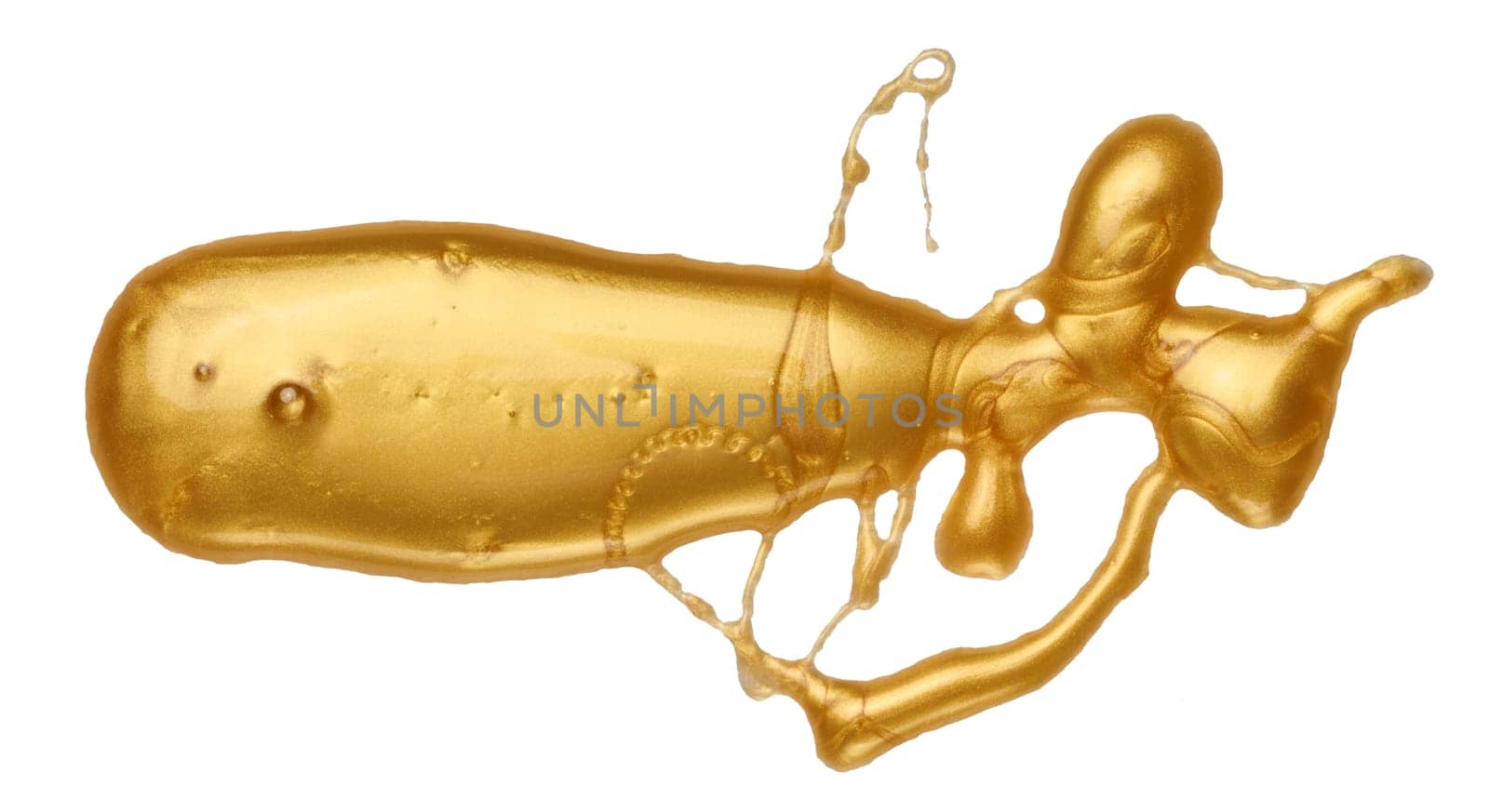 Sample of golden liquid lipstick with glitters, substance isolated on white background, close up