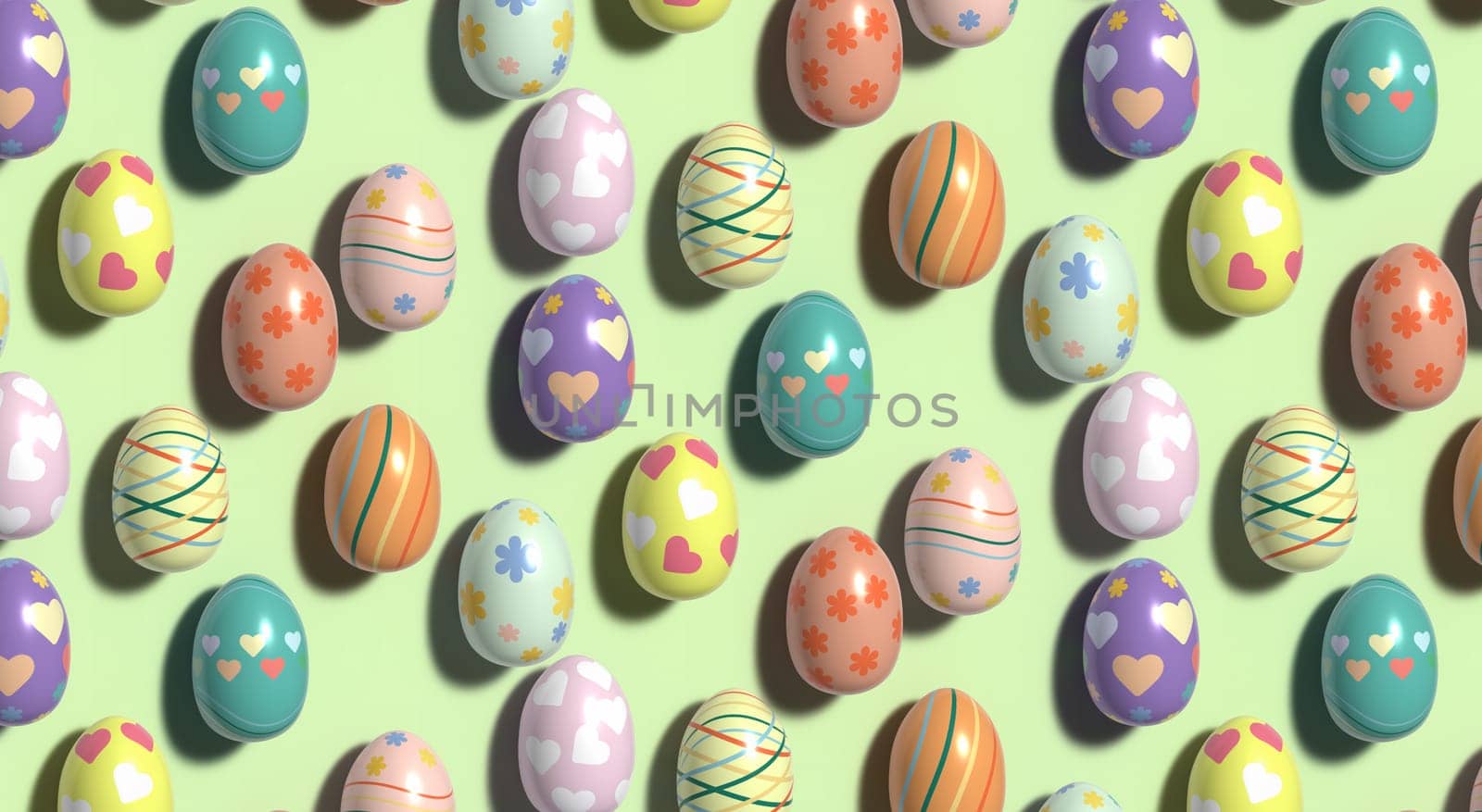 Multicolored Easter eggs on a green background, Happy Easter