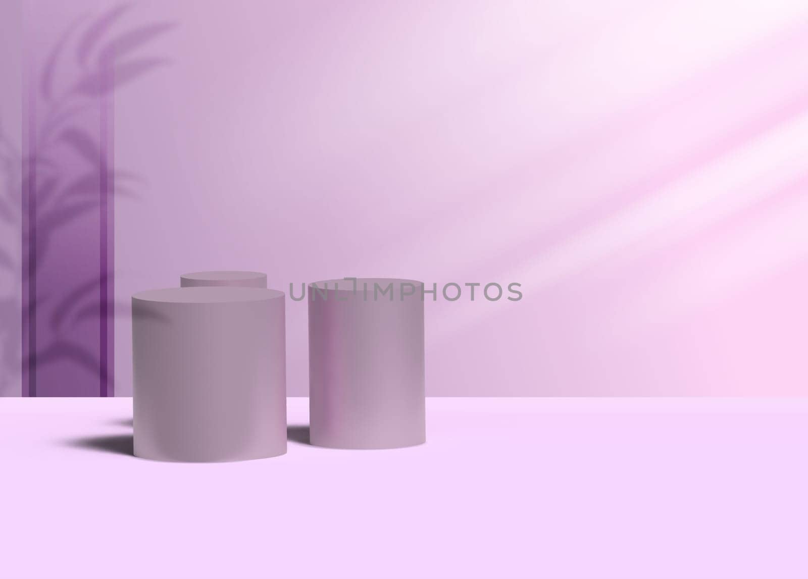 Round podiums for displaying cosmetics and products on a purple background with shadow, 3D rendering illustration