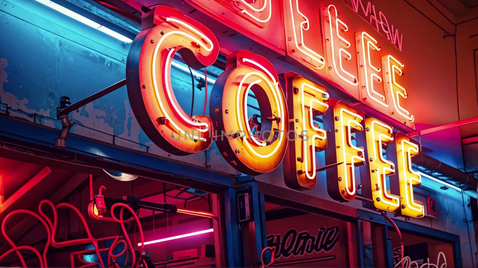 Neon sign that spells out coffee on the side of a building - Generative AI