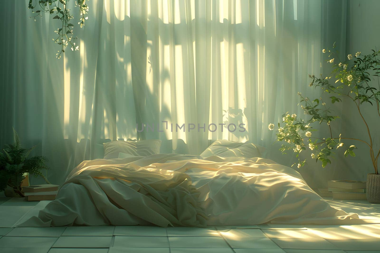A comfortable bed in a room with a window showcasing sunlight streaming in, curtains made of textile, a painting on the wall, and a terrestrial plant adding a touch of nature to the interior design