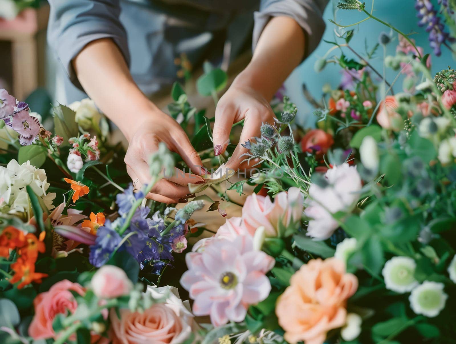 Florist woman creating flower arrangement, florist hands making flower bouquet on table surface. by iliris