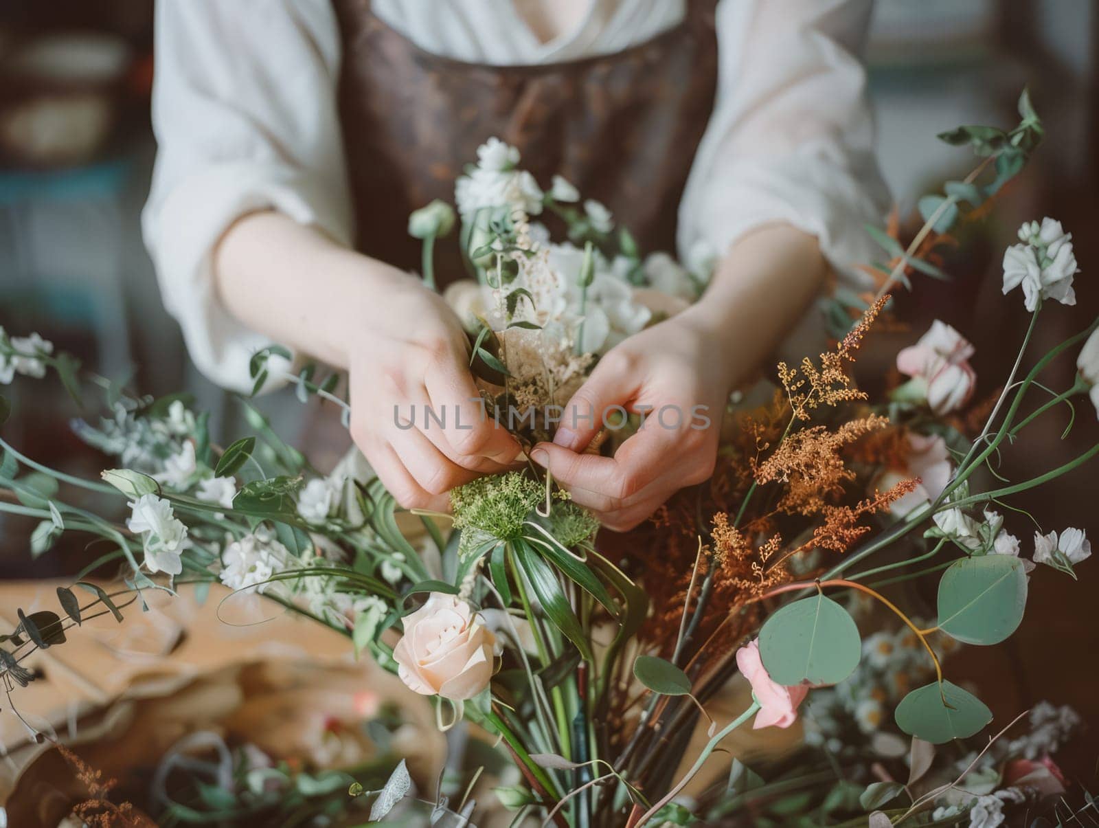 Florist woman creating flower arrangement, florist hands making flower bouquet on table surface. by iliris