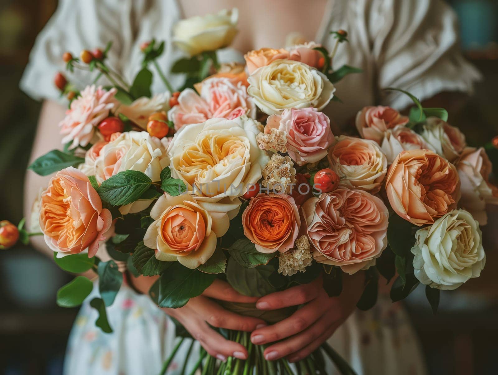 Florist woman creating flower arrangement, florist hands making flower bouquet on table surface. Ai generated