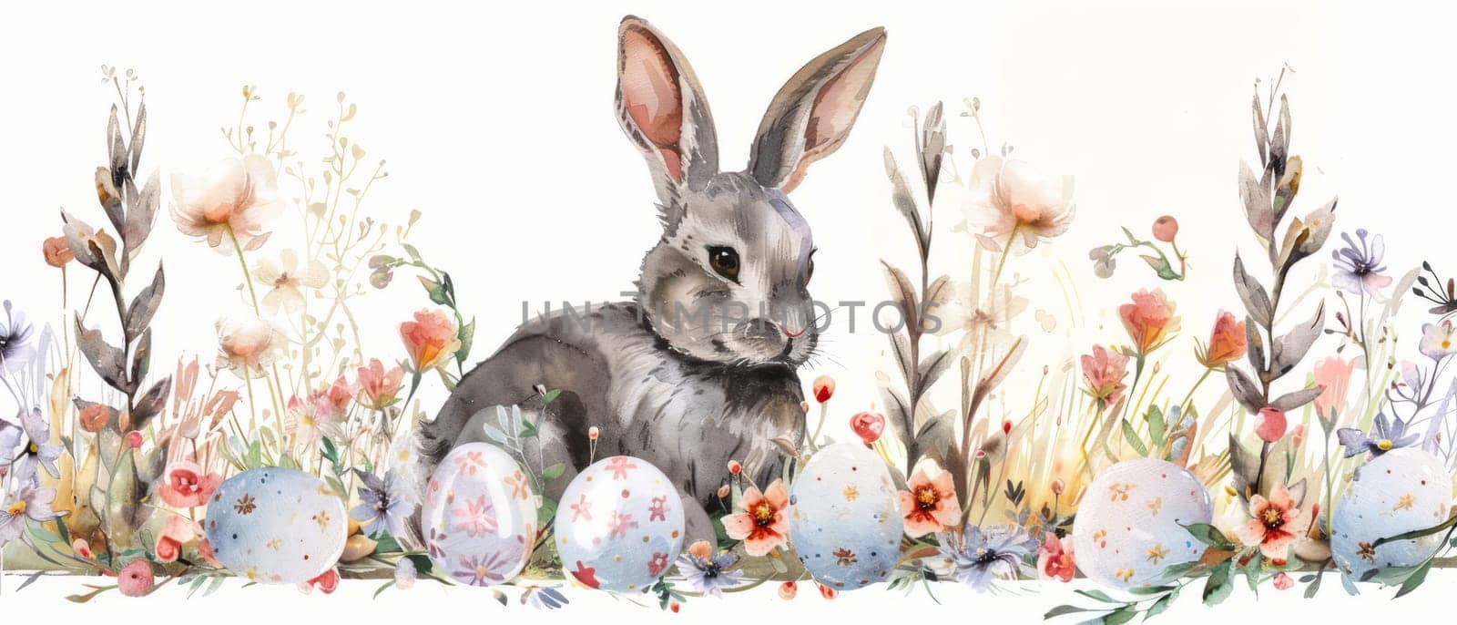 Cute Bunny and Easter Eggs in Floral Meadow Watercolor Illustration. Easter Artistic Decorative Background. Invitation and Greeting Card Template. by iliris