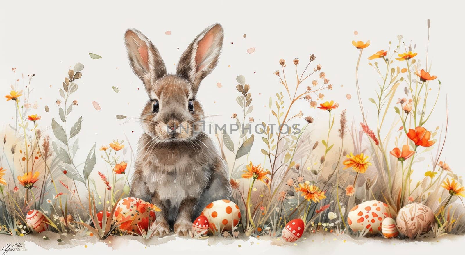 Cute Bunny and Easter Eggs in Floral Meadow Watercolor Illustration. Easter Artistic Decorative Background. Invitation and Greeting Card Template. Ai generated