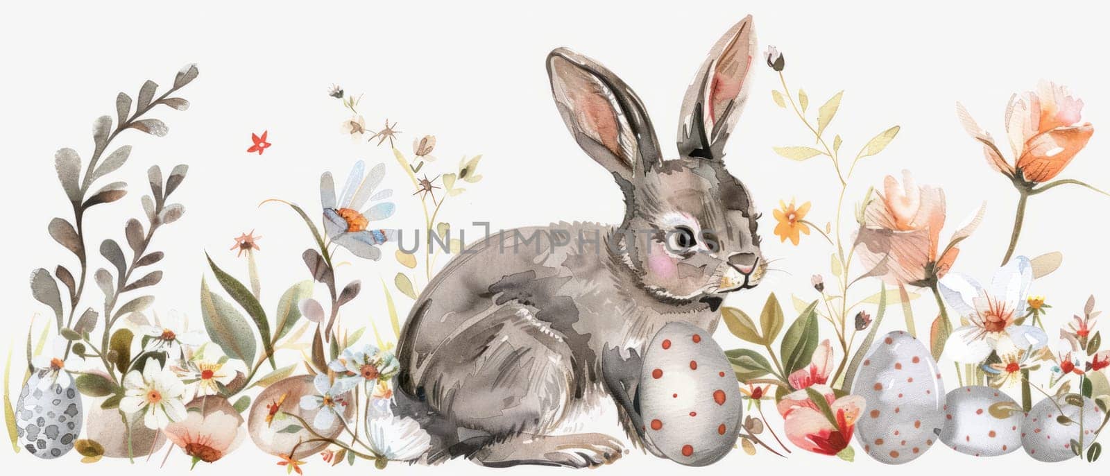 Cute Bunny and Easter Eggs in Floral Meadow Watercolor Illustration. Easter Artistic Decorative Background. Invitation and Greeting Card Template. by iliris