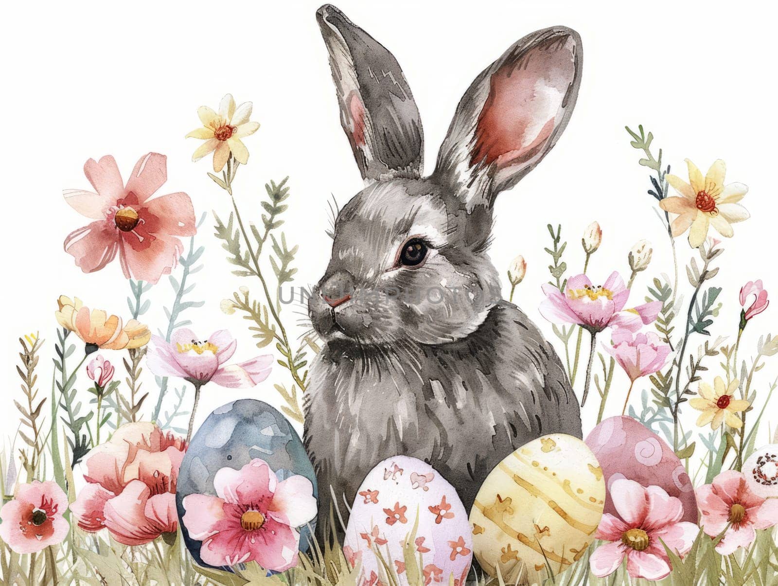 Cute Bunny and Easter Eggs in Floral Meadow Watercolor Illustration. Easter Artistic Decorative Background. Invitation and Greeting Card Template. by iliris