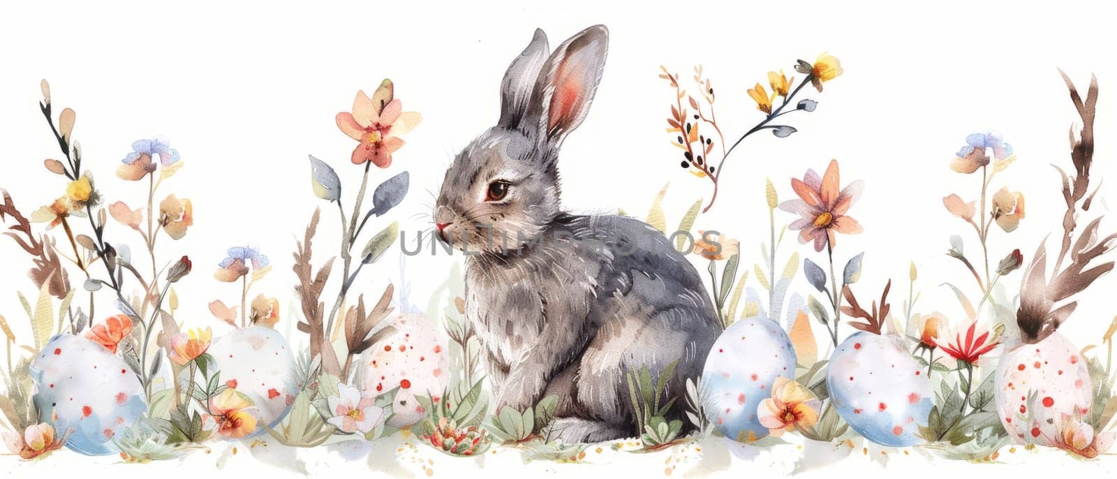 Cute Bunny and Easter Eggs in Floral Meadow Watercolor Illustration. Easter Artistic Decorative Background. Invitation and Greeting Card Template. Ai generated