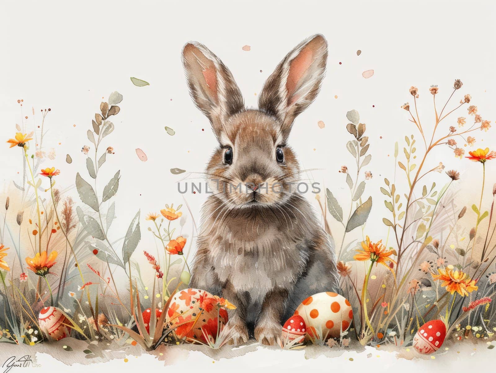 Cute Bunny and Easter Eggs in Floral Meadow Watercolor Illustration. Easter Artistic Decorative Background. Invitation and Greeting Card Template. by iliris