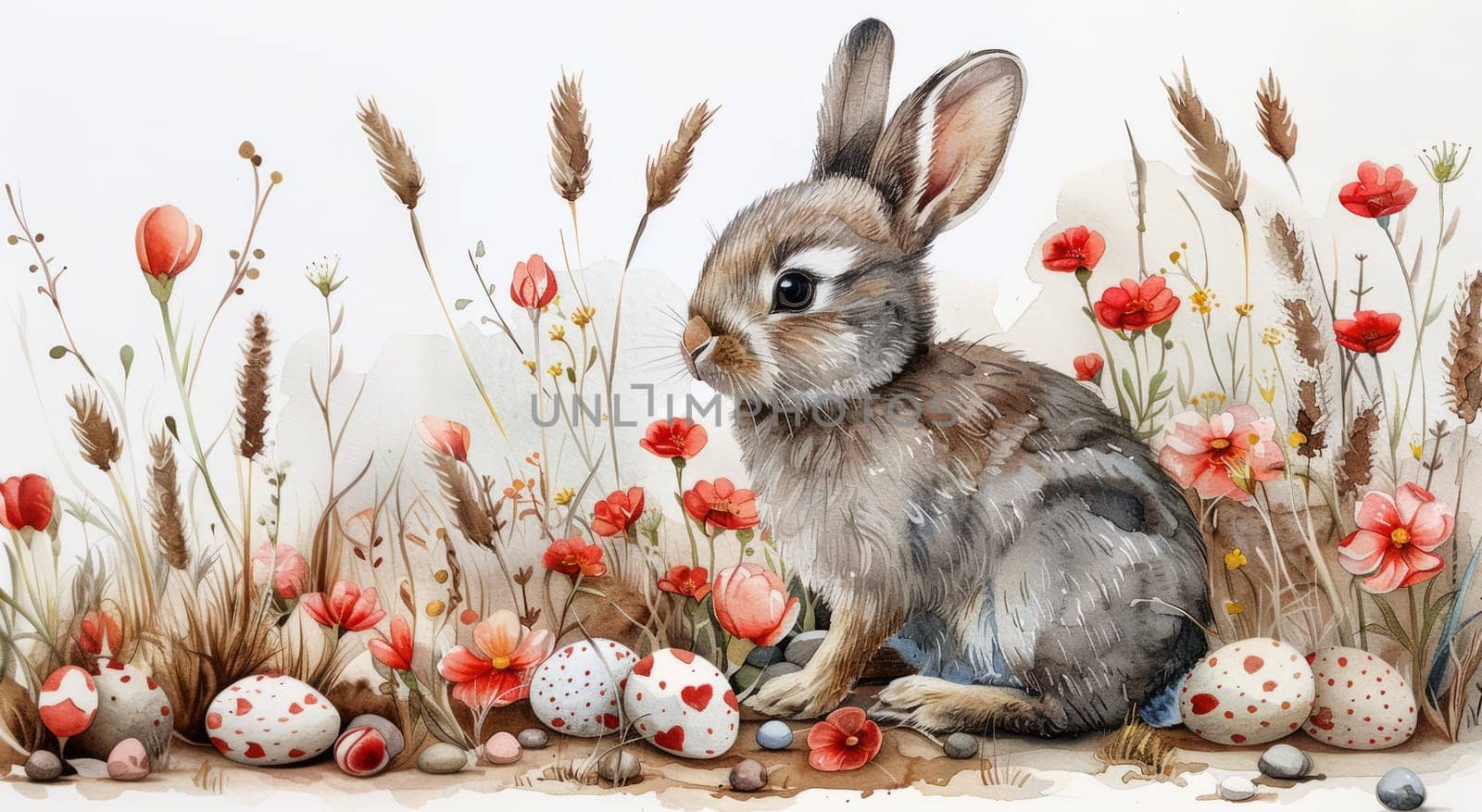 Cute Bunny and Easter Eggs in Floral Meadow Watercolor Illustration. Easter Artistic Decorative Background. Invitation and Greeting Card Template. Ai generated