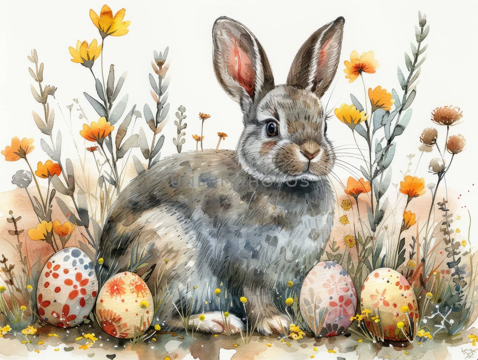 Cute Bunny and Easter Eggs in Floral Meadow Watercolor Illustration. Easter Artistic Decorative Background. Invitation and Greeting Card Template. by iliris