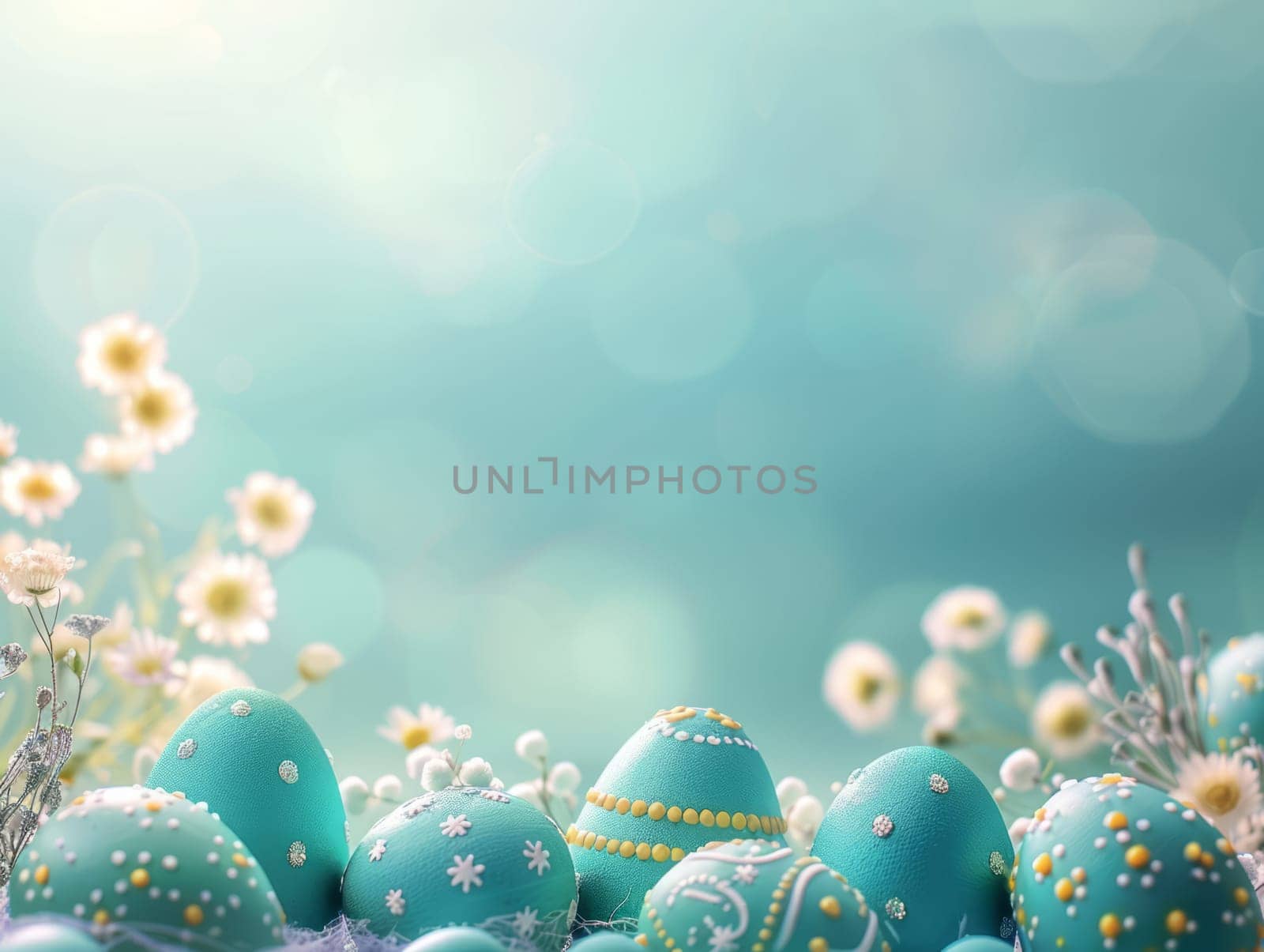 Blue Painted Colorful Easter Eggs on Blue Pastel Background. Happy Easter Background. Ai generated
