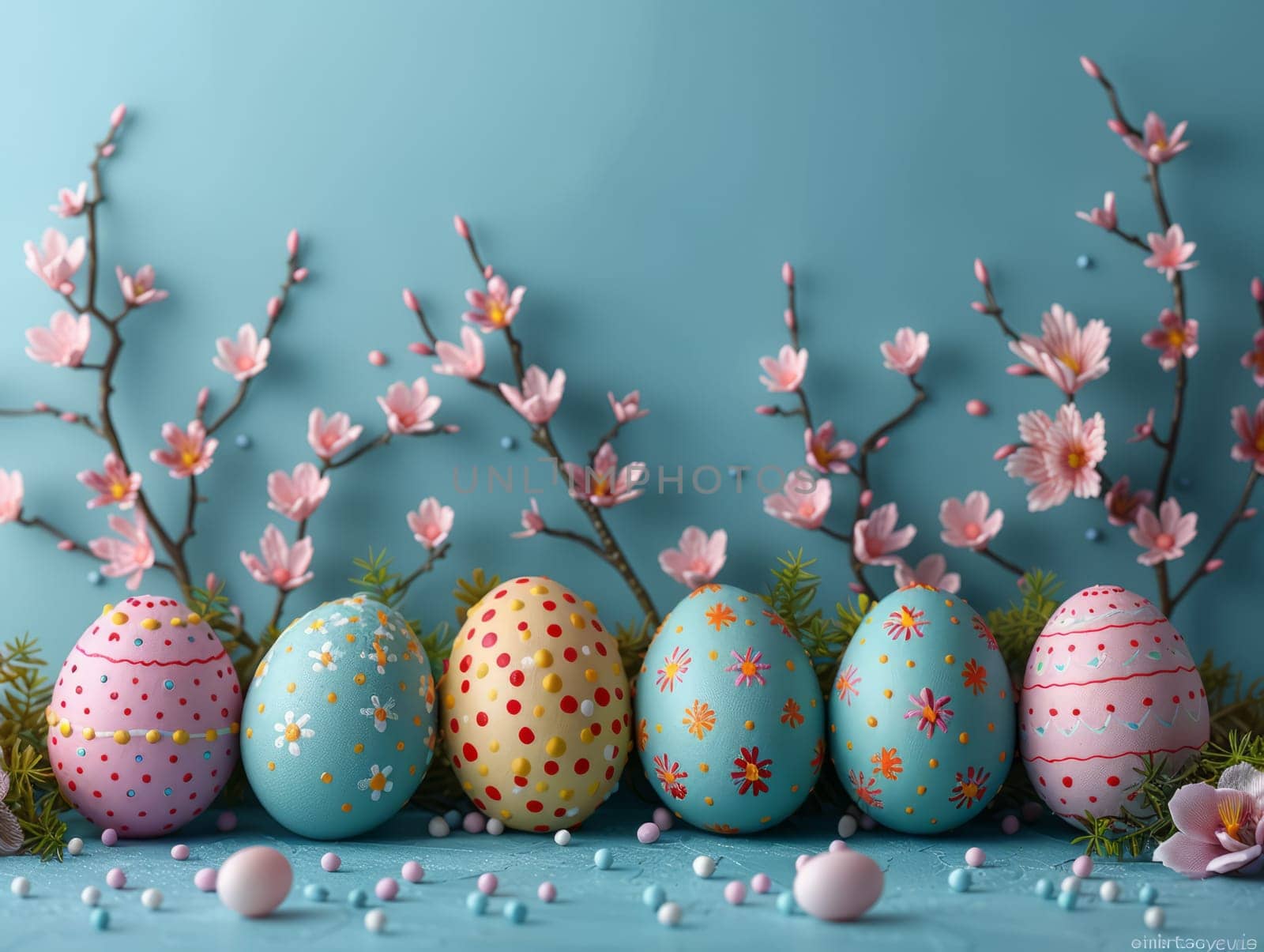 Blue Painted Colorful Easter Eggs on Blue Pastel Background. Happy Easter Background. Ai generated