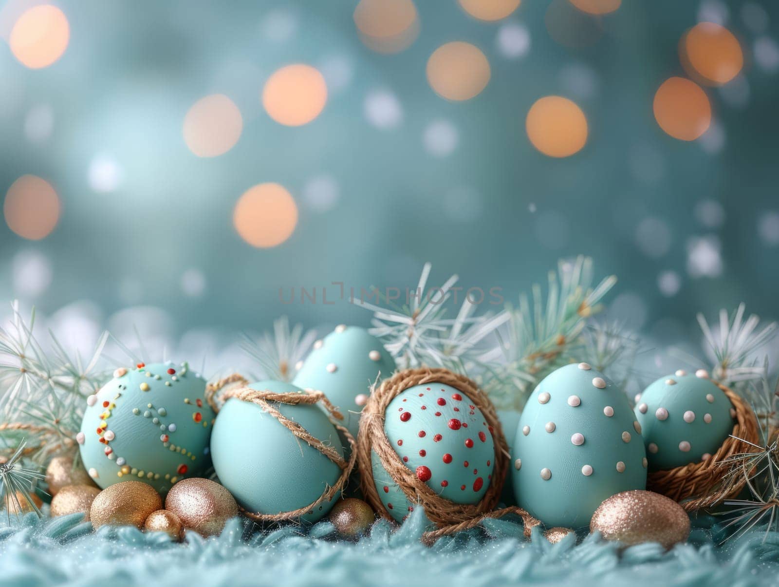 Blue Painted Colorful Easter Eggs on Blue Pastel Background. Happy Easter Background. by iliris