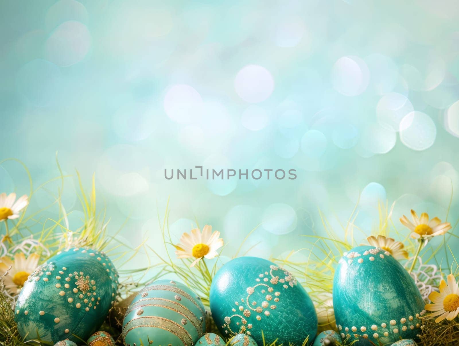 Blue Painted Colorful Easter Eggs on Blue Pastel Background. Happy Easter Background. Ai generated