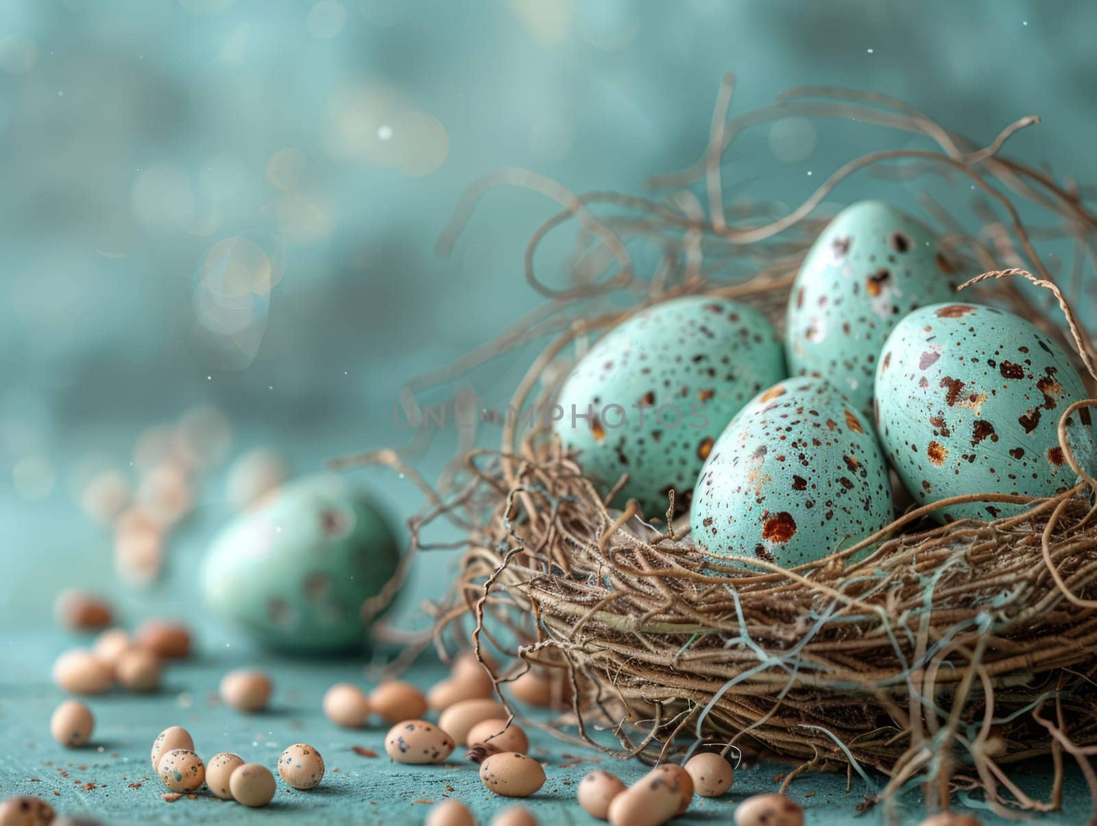 Blue Painted Colorful Easter Eggs on Blue Pastel Background. Happy Easter Background. Ai generated