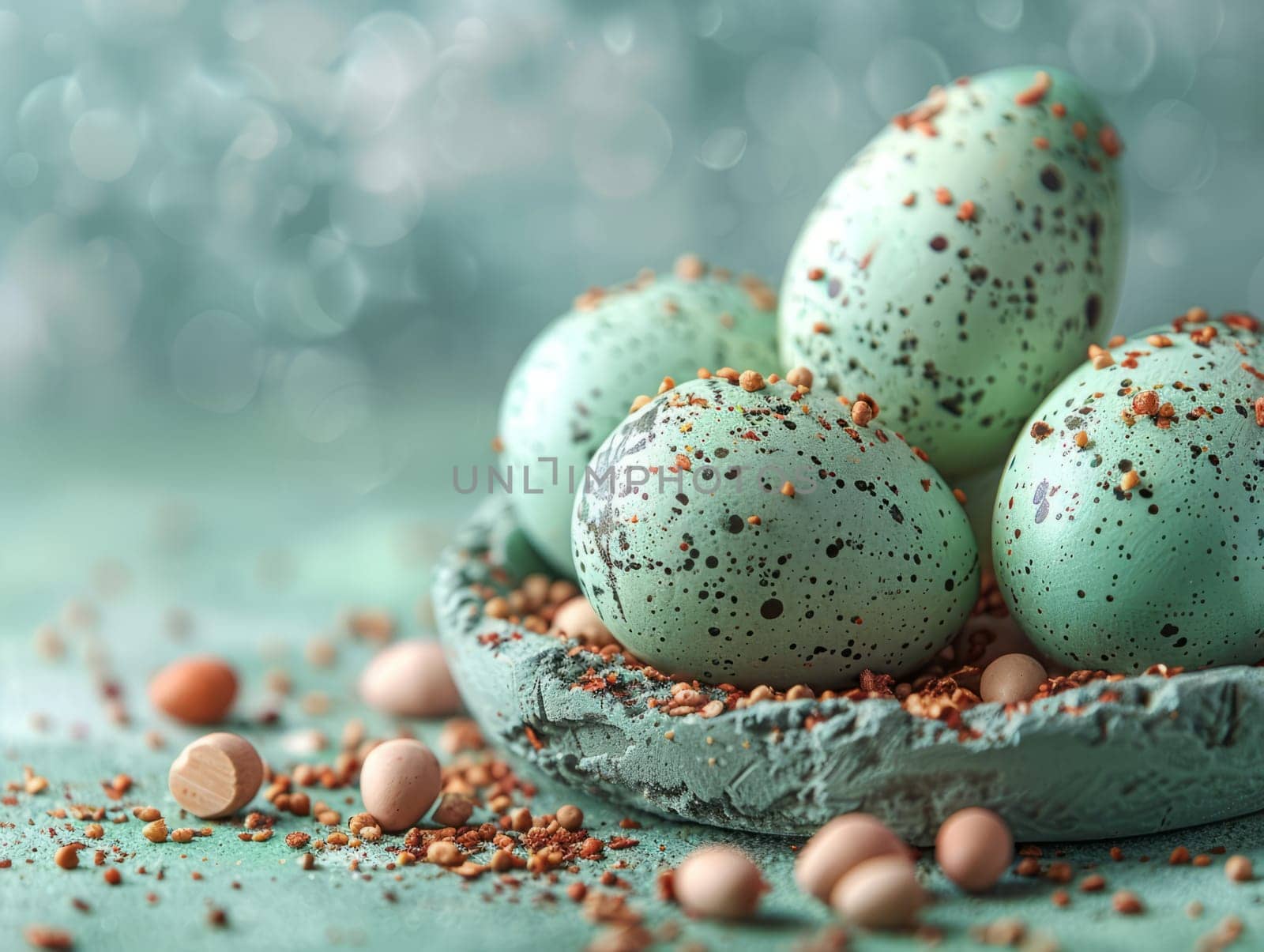 Blue Painted Colorful Easter Eggs on Blue Pastel Background. Happy Easter Background. Ai generated