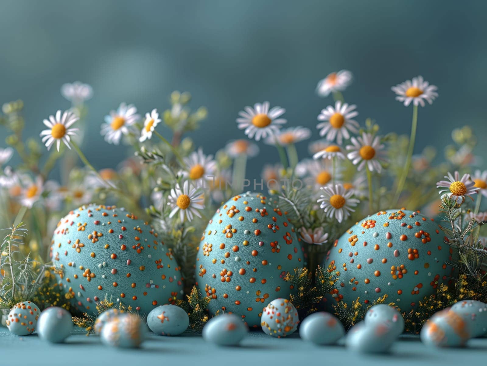 Blue Painted Colorful Easter Eggs on Blue Pastel Background. Happy Easter Background. by iliris