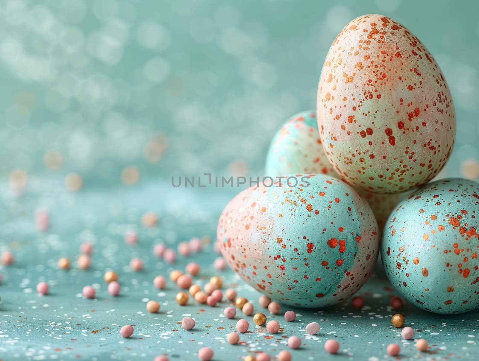 Blue Painted Colorful Easter Eggs on Blue Pastel Background. Happy Easter Background. by iliris