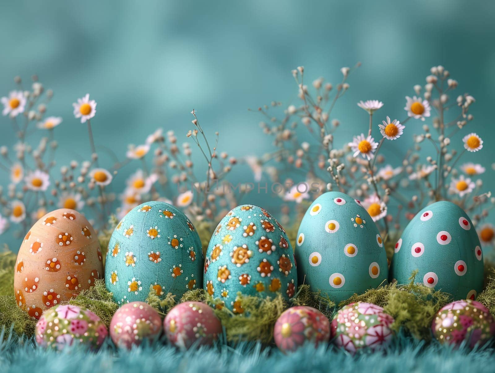 Blue Painted Colorful Easter Eggs on Blue Pastel Background. Happy Easter Background. by iliris