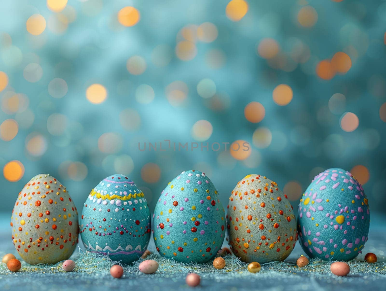 Blue Painted Colorful Easter Eggs on Blue Pastel Background. Happy Easter Background. Ai generated