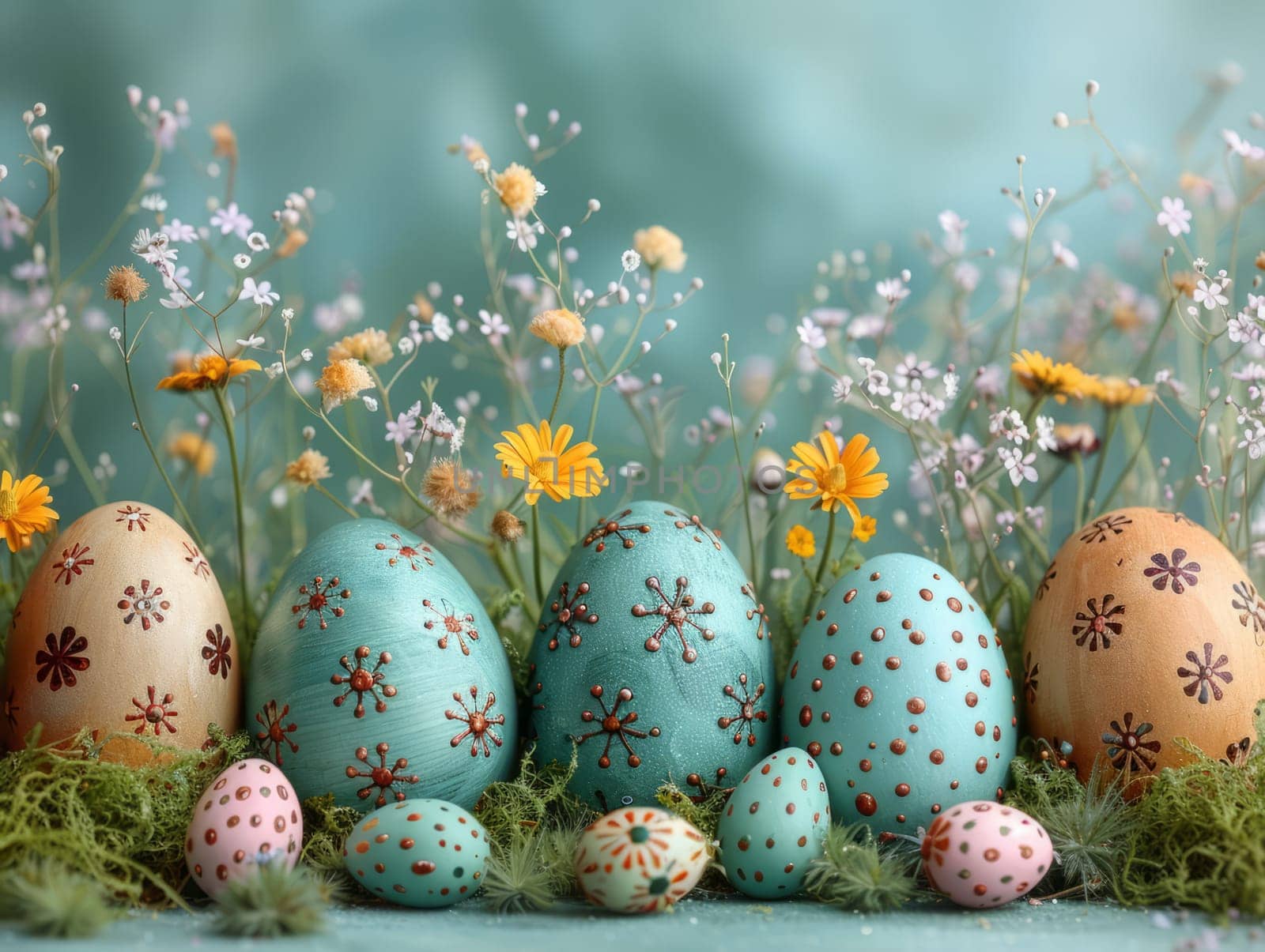 Blue Painted Colorful Easter Eggs on Blue Pastel Background. Happy Easter Background. by iliris