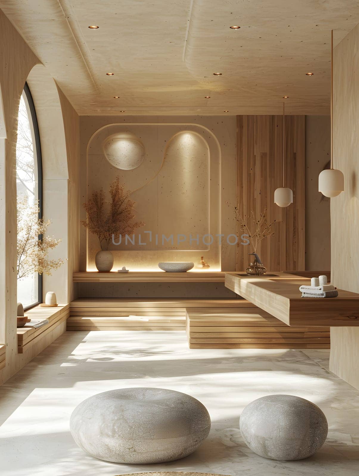 Bathroom in a house with bathtub, sink, and two rocks on the floor by Nadtochiy