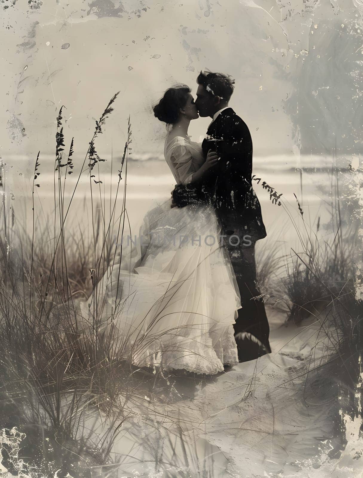 A bride and groom, elegantly dressed in vintage clothing, share a kiss on the beach captured in a stunning black and white monochrome photography