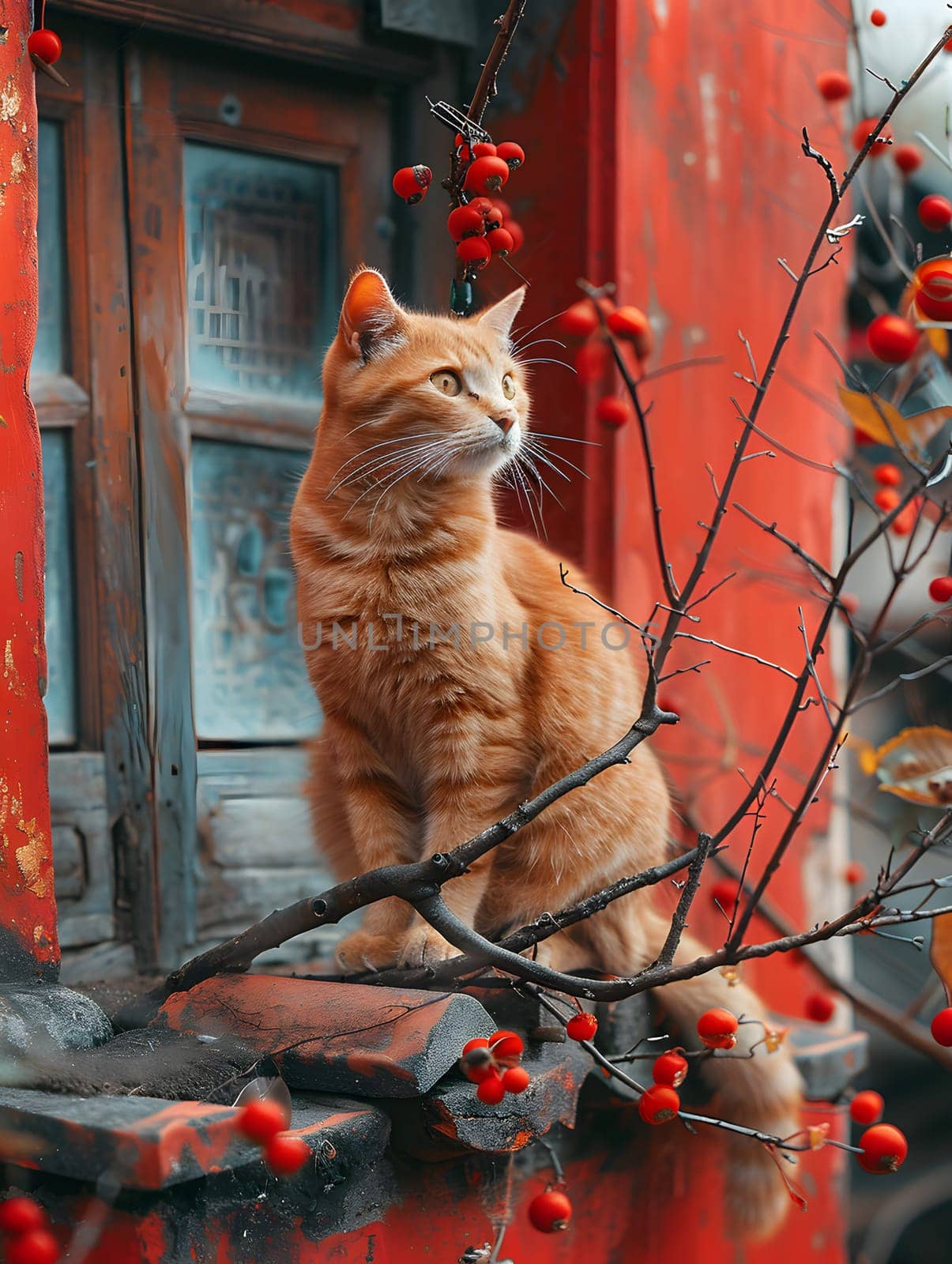 An orange Felidae with whiskers sits on a branch with red berries by Nadtochiy