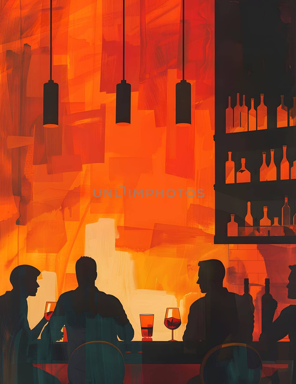 A group of patrons savors wine in a dimly lit bar adorned with art on the walls by Nadtochiy