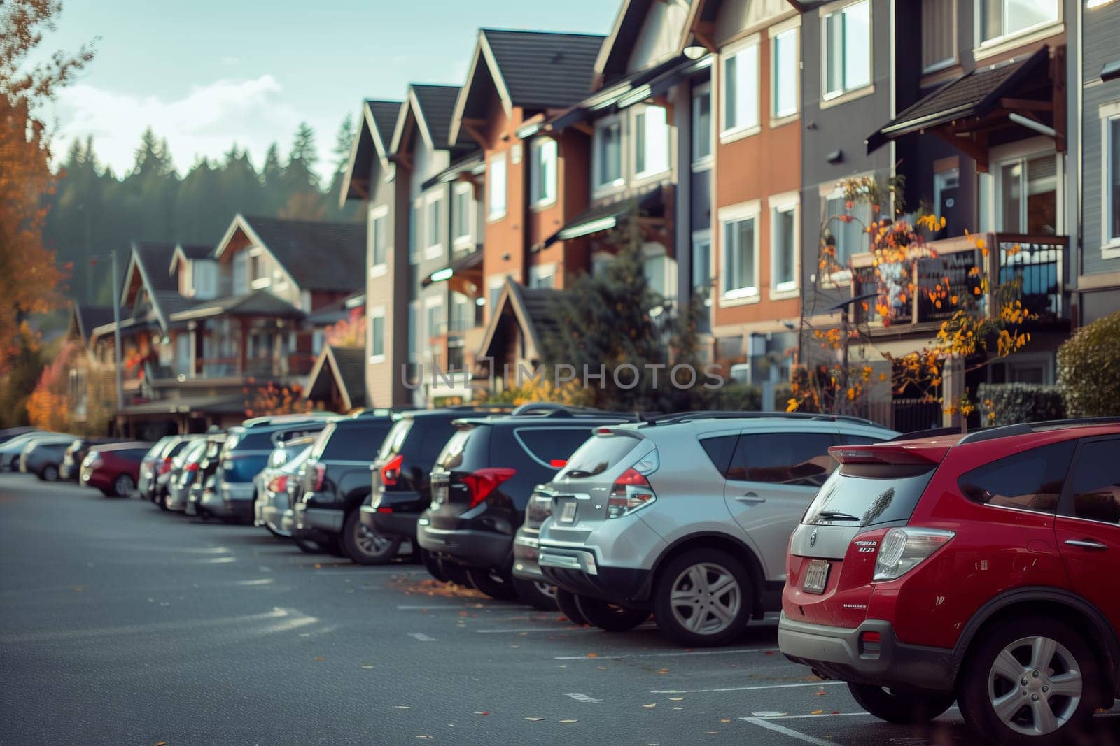 A line of vehicles is parked outside a building, displaying their wheels and tires in the parking lot. The cars create a sight of urban infrastructure