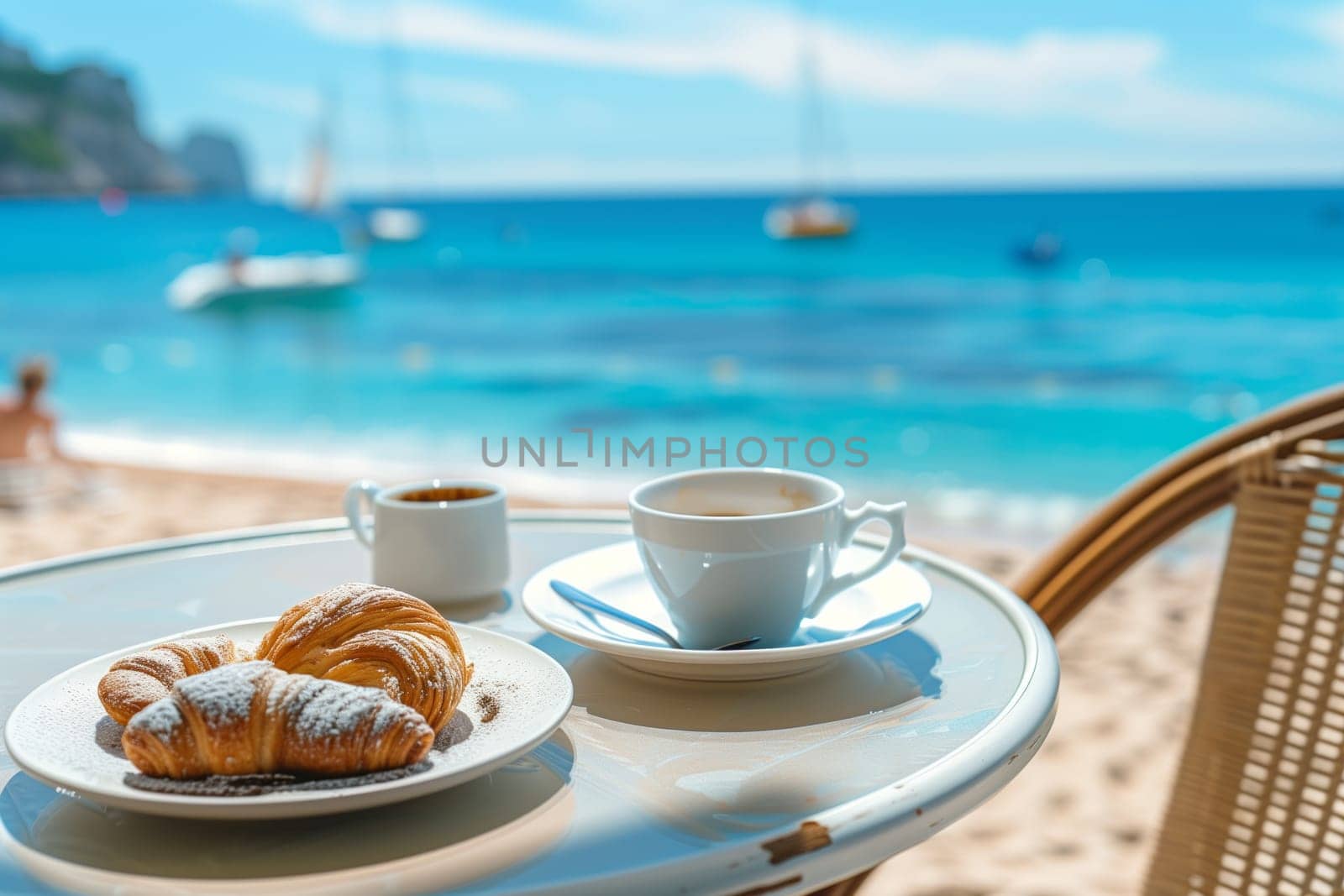 A plate of croissants and a cup of coffee sit on a table by the azure water, with fluffy clouds in the sky. The dishware glistens in the sun, as a boat sails by in the distance