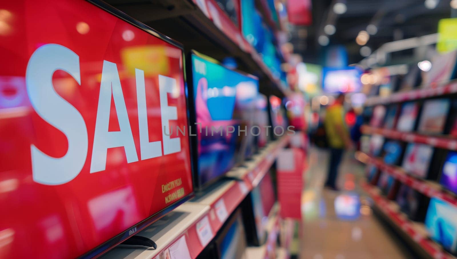 A sale sign hangs on a shelf inside a retail building, attracting customers to the convenience store. Bold font advertises discounted drinks for a quick shopping experience