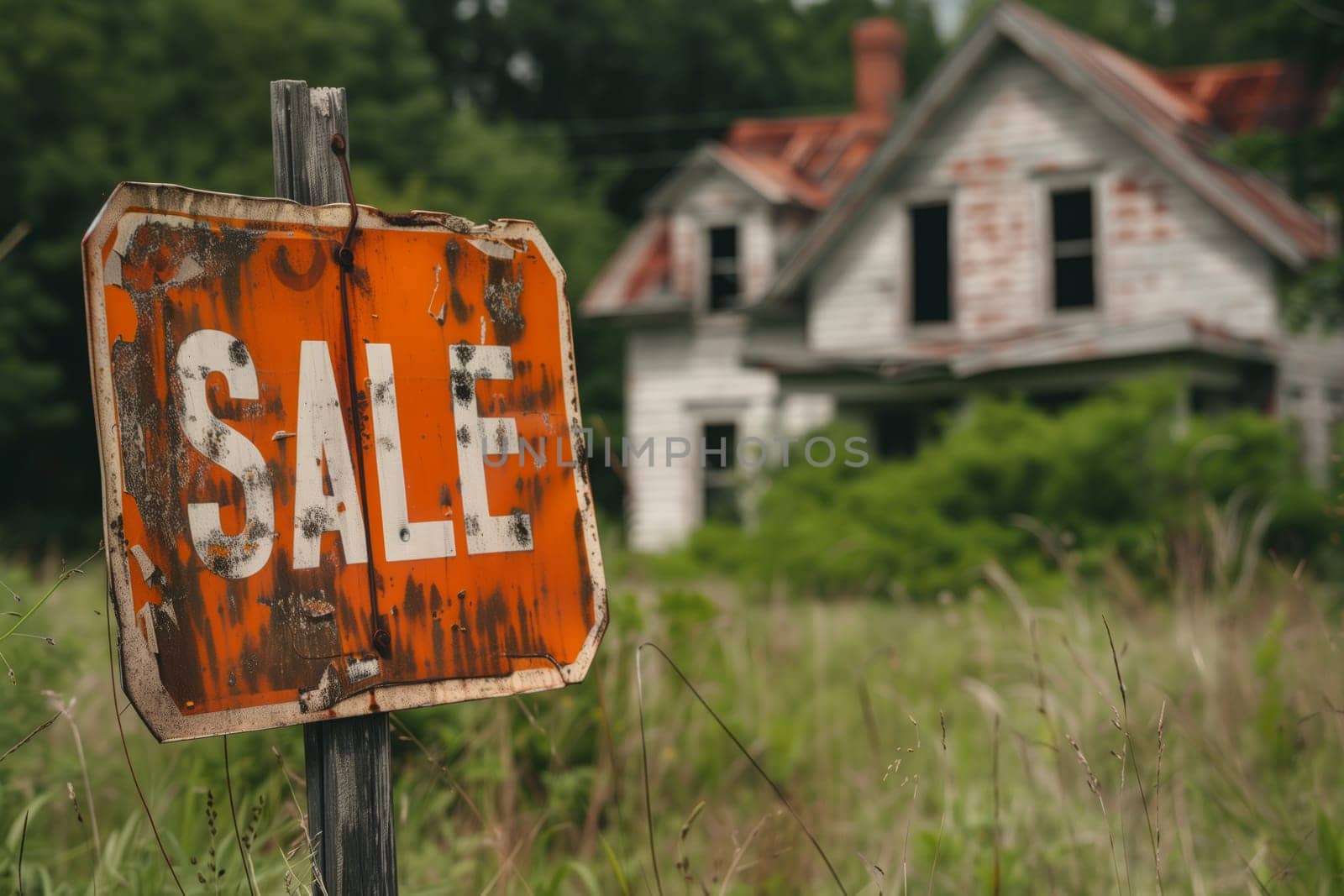 A weathered orange sale sign stands in front of a vacant property with unkempt grass and a dilapidated house, blending into the natural landscape