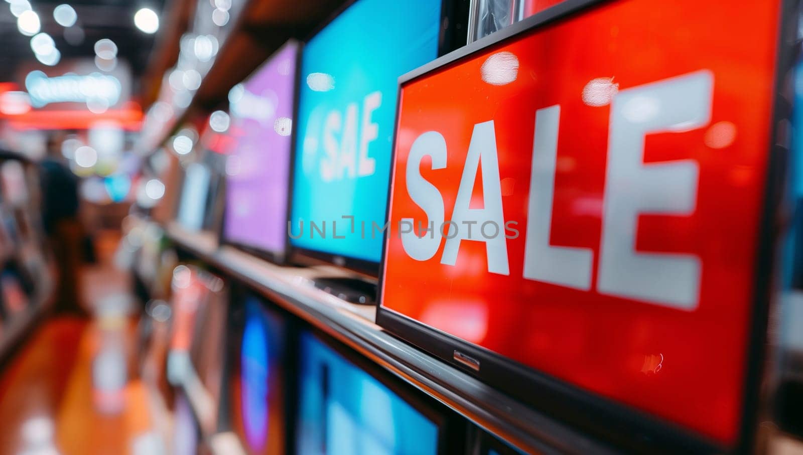 A display of televisions with a sale sign in an electric blue font, catching attention in the city store. An artful event of advertising in magenta and automotive exterior signage