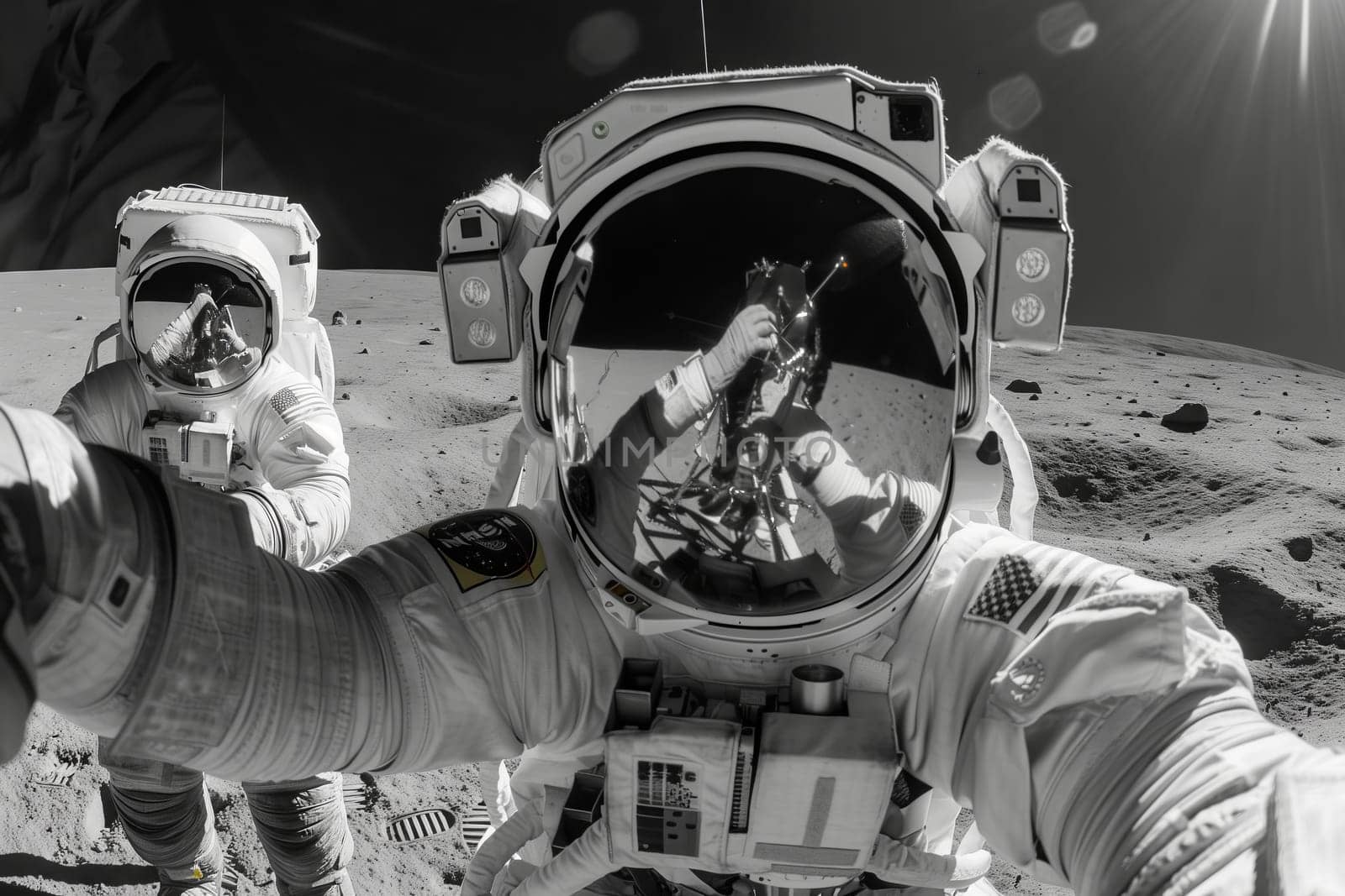 A monochrome snapshot of an astronaut capturing a selfie on the moon with a vehicle tire in view. An engineering feat captured in monochrome photography