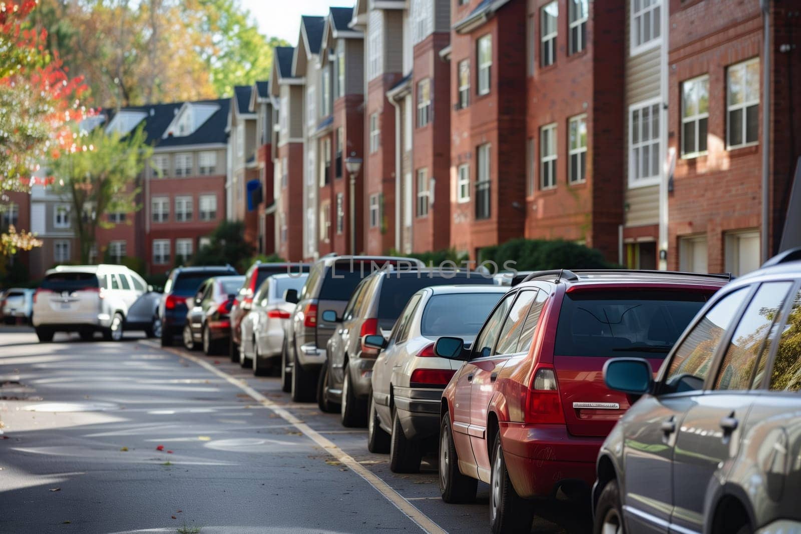 A line of vehicles is parked along the street, displaying vehicle registration plates. The cars are neatly parked next to the building, each with its tires on the pavement