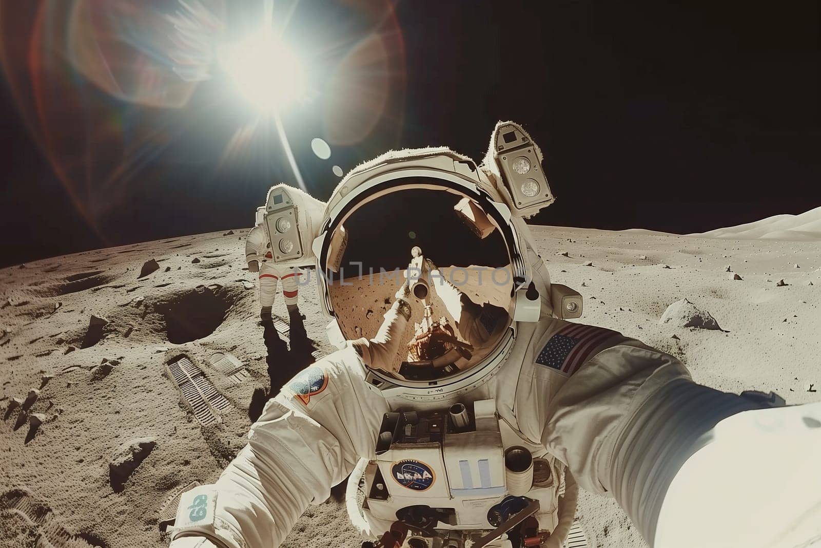 An astronaut is capturing a selfie on the lunar landscape, surrounded by darkness and the vast expanse of space. The circular horizon gives a stunning view of the moons soil