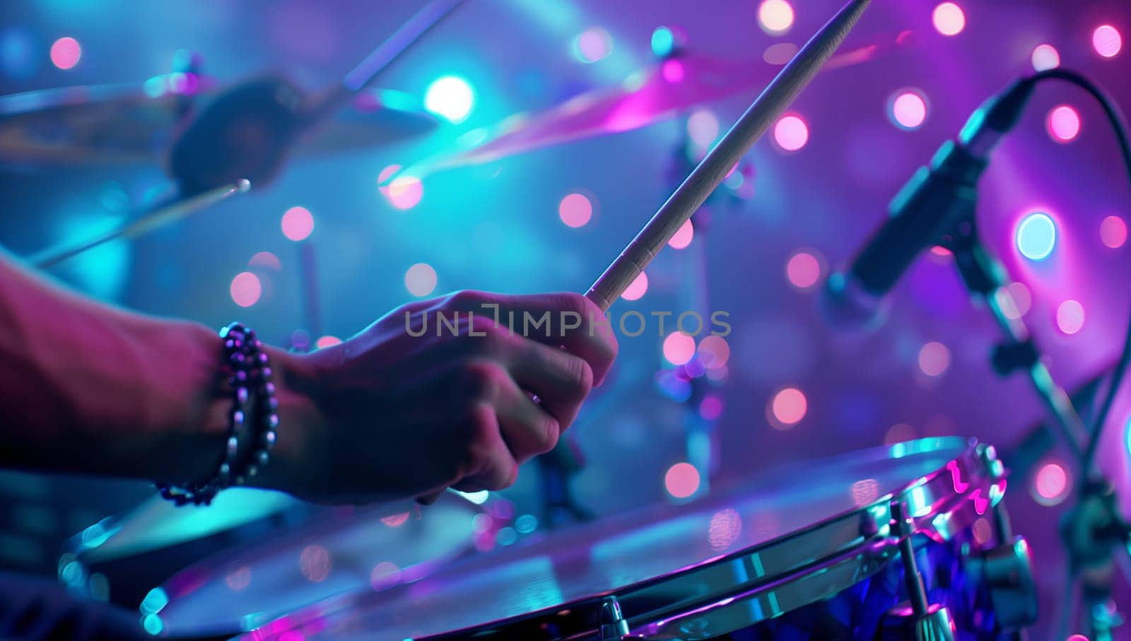 A close up of a music artist playing drums on a stage with vibrant visual effect lighting in shades of purple, magenta, and electric blue at a music venue event