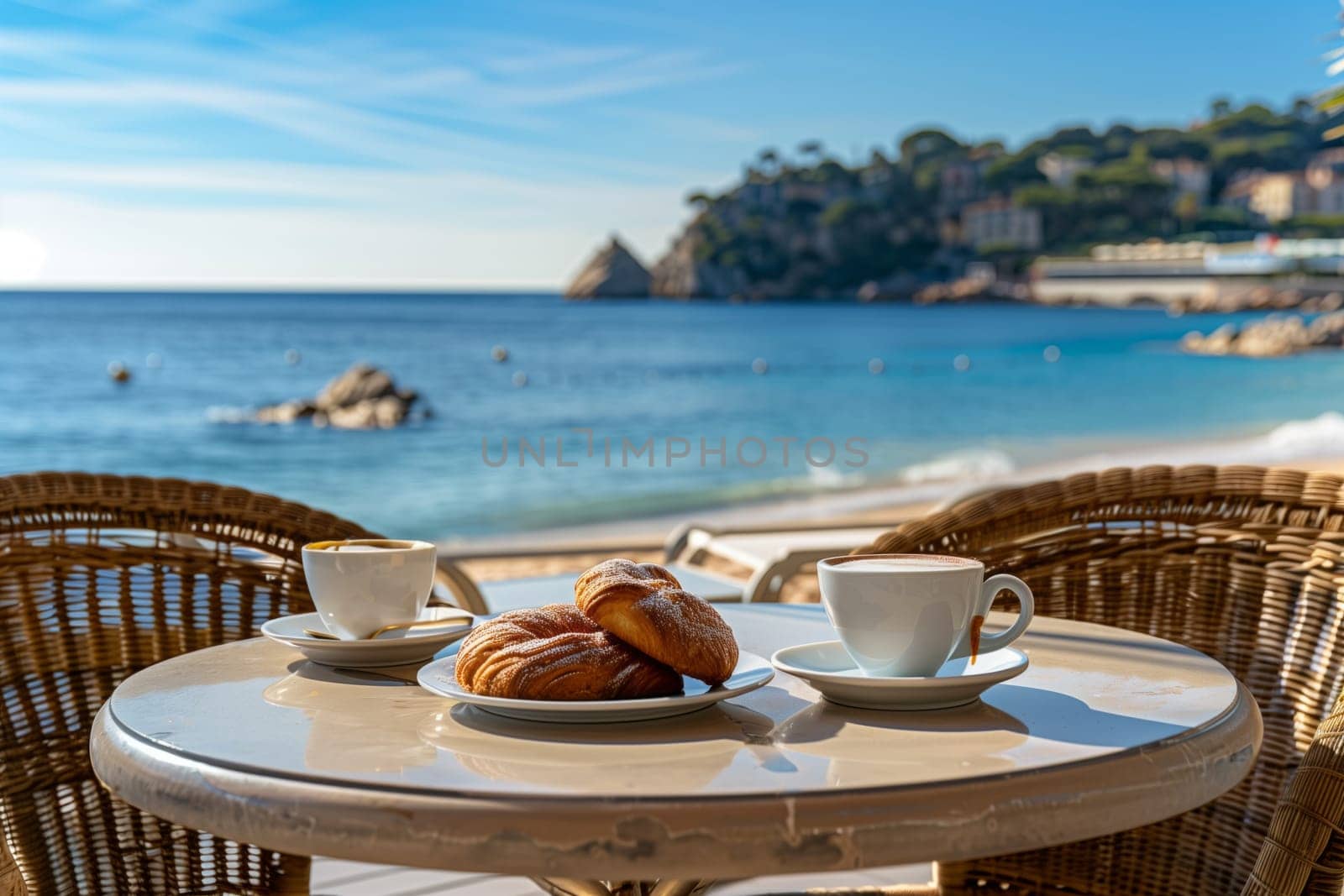 A table on the beach is set with two cups of coffee, croissants, overlooking the azure water, under a sky filled with fluffy clouds. A perfect spot to enjoy a natural landscape while traveling