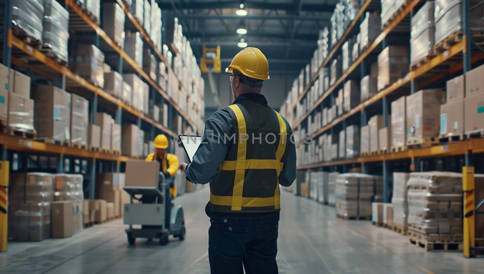 An engineer is wearing highvisibility clothing and a hard hat, standing in a warehouse while looking at a tablet to inspect vehicles and tires