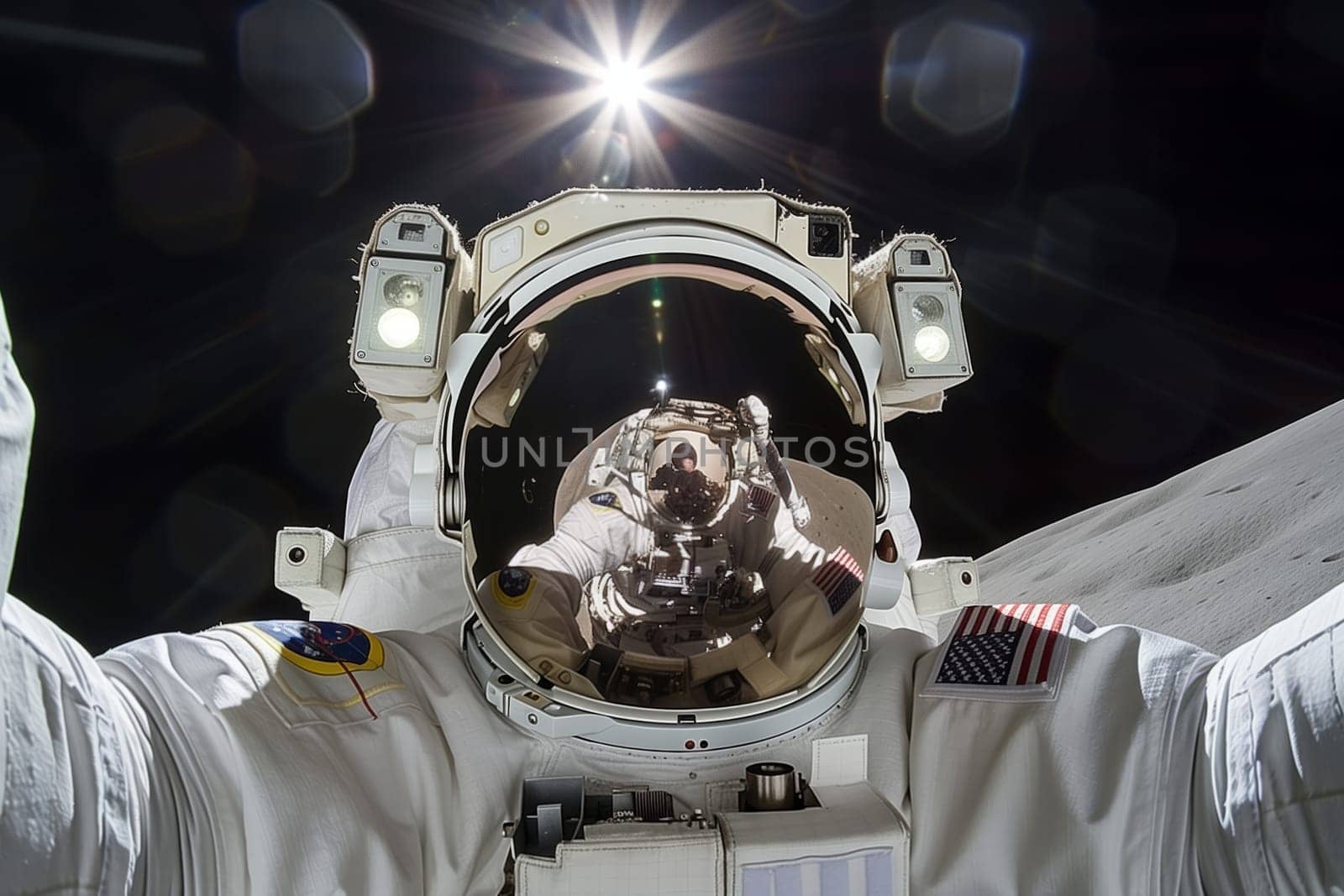 An astronaut capturing a selfie in space with automotive exterior lighting on their suit. This sciencedriven event showcases cuttingedge engineering and technology