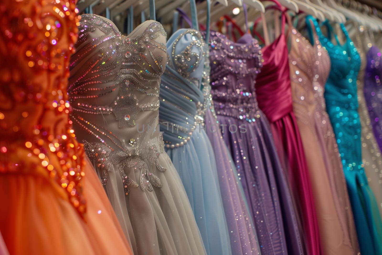 A row of vibrant prom dresses showcasing fashion design, magenta hues, intricate patterns, and embellishments hanging in a retail store for a formal wear event