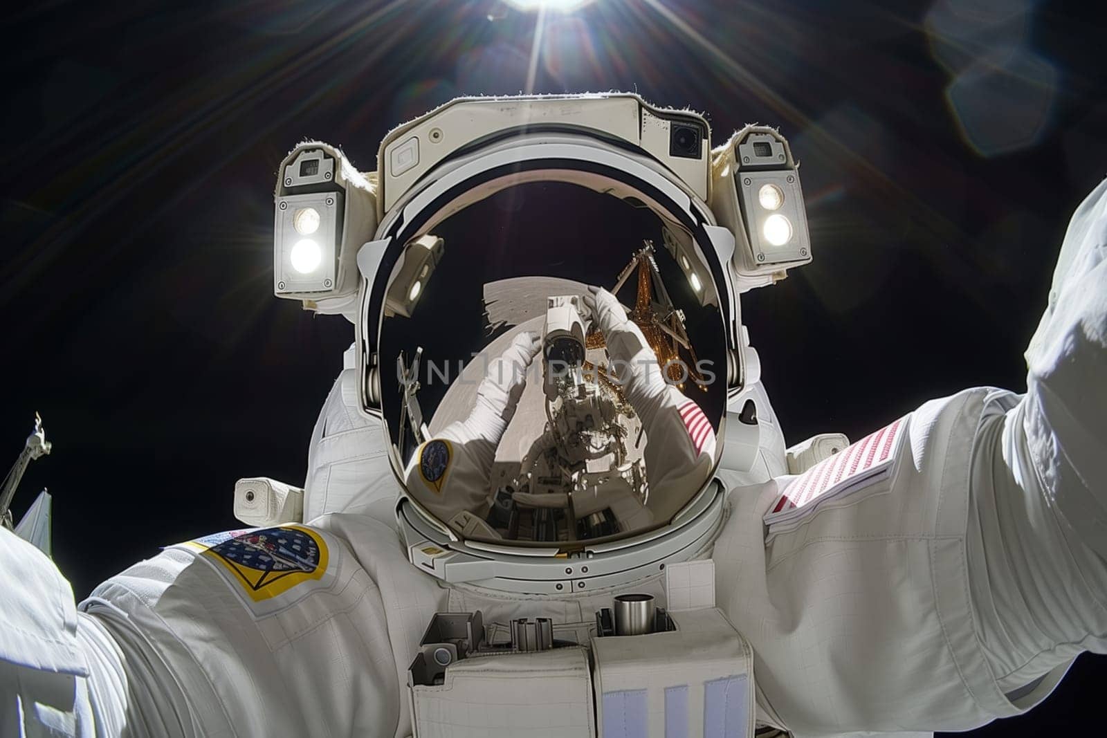 An astronaut wearing a helmet and personal protective equipment in space takes a selfie, capturing a fascinating event blending science with fiction