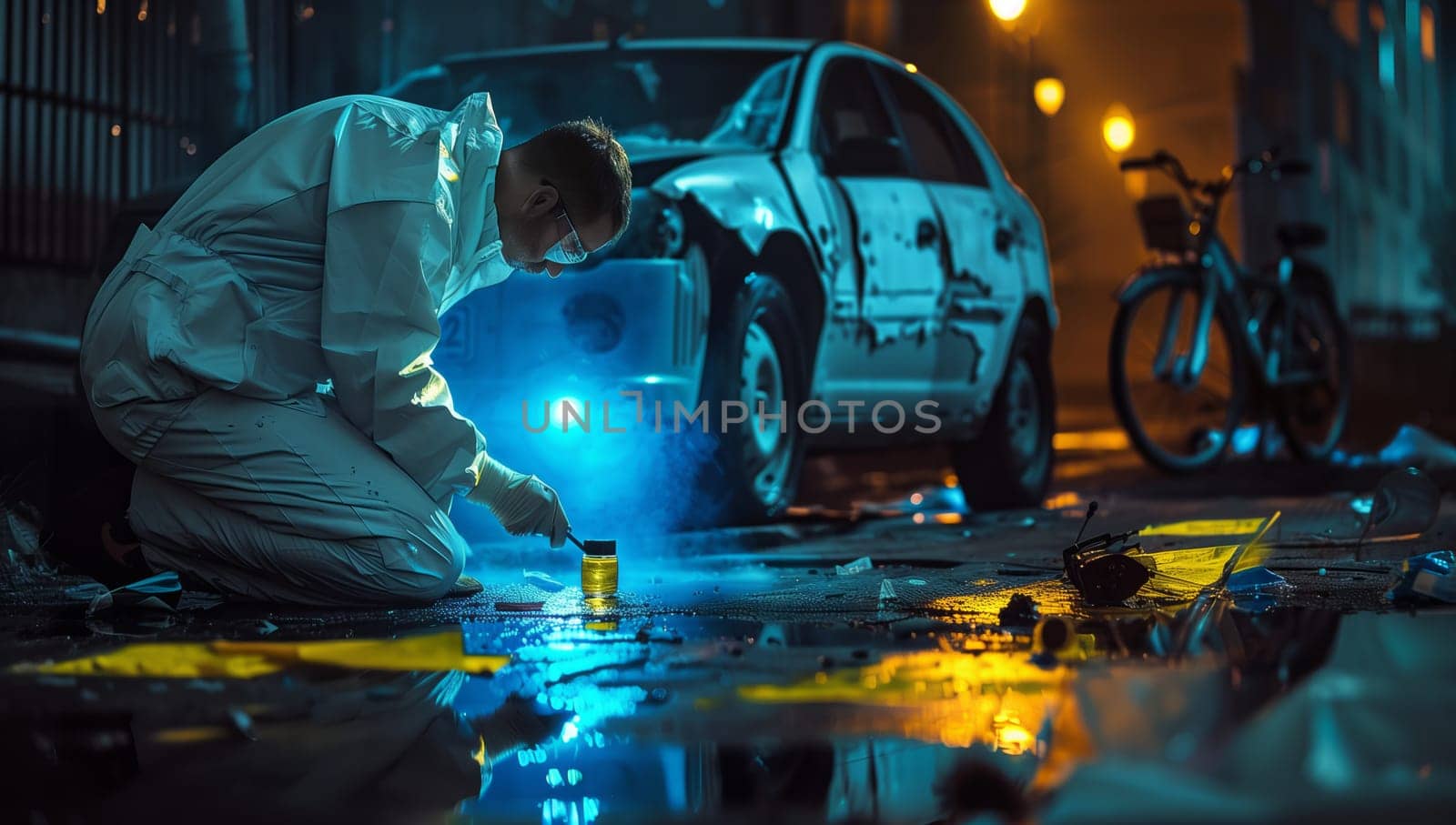 A forensic scientist is inspecting a vehicle at a crime scene, focusing on the tires, wheels, automotive lighting, hood, and exterior of the car