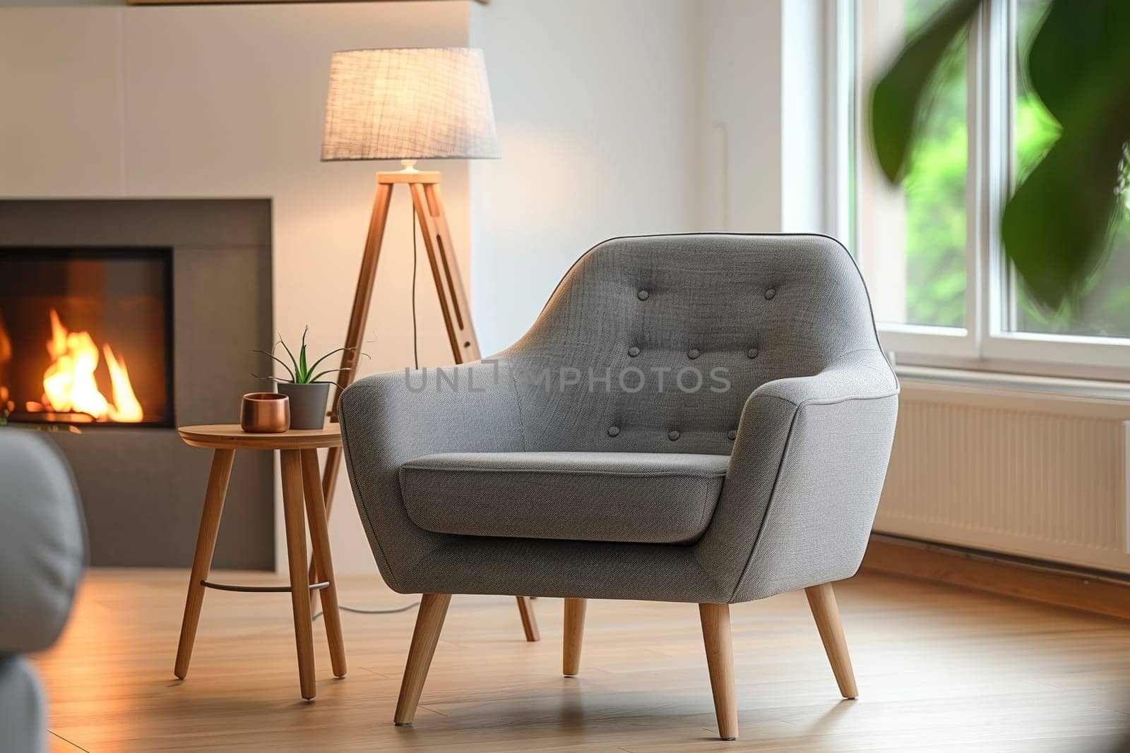 A cozy living room with a comfortable chair, elegant lamp, and a warm fireplace. The wooden furniture and flooring enhance the interior design