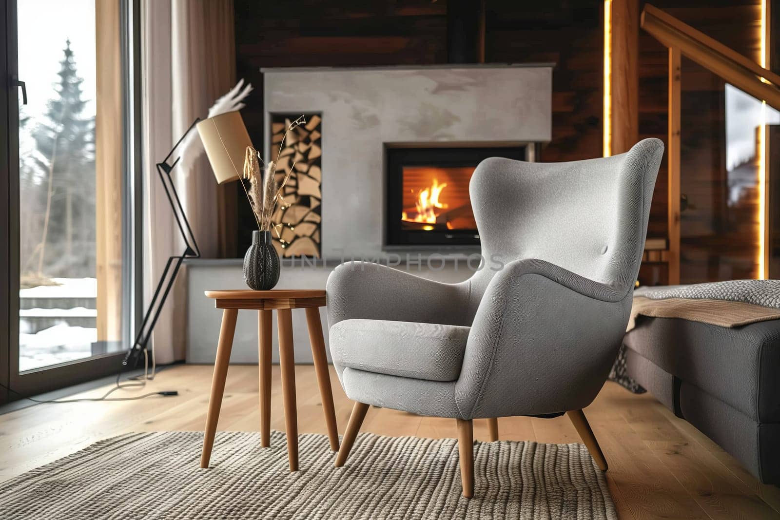 A cozy living room with a wooden chair, rectangular table, and fireplace fixture. The interior design includes hardwood flooring, large window, and comfortable seating