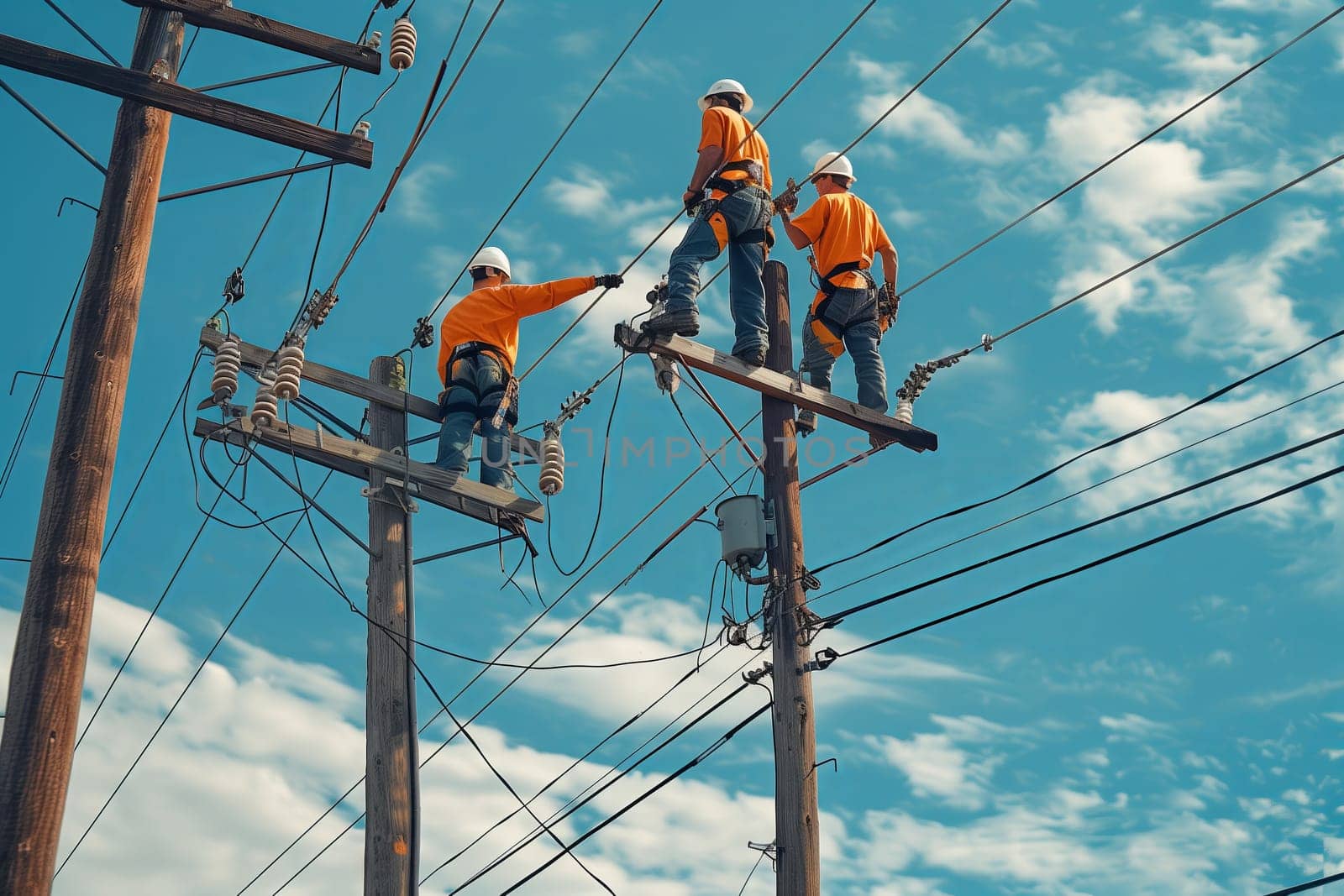 Three men in helmets are standing on overhead power lines, against an electric blue sky. They are working to ensure the electrical supply using a vehicle and poles