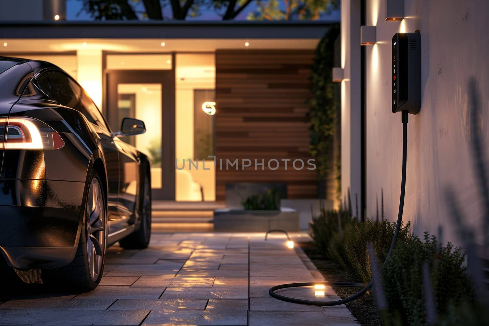 A Tesla Model S is parked in front of a house, charging at a station. The vehicles automotive tires, lights, and wood door are visible